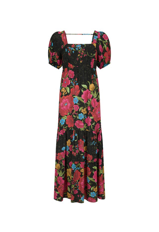 a-black-midi-dress-with-a-vibrant-floral-print-in-pink-red-blue-and-yellow-featuring-puff-sleeves-and-a-smocked-bodice-shown-against-a-plain-white-background