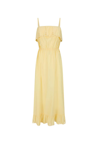 a-pale-yellow-midi-dress-with-thin-spaghetti-straps-a-square-neckline-with-delicate-lace-trim-a-gathered-waist-and-a-ruffled-hem-shown-against-a-plain-white-background