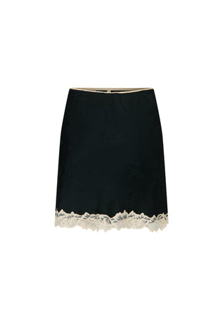 a-black-satin-a-line-skirt-featuring-a-delicate-cream-lace-trim-along-the-hem-and-a-matching-waistband-displayed-against-a-solid-white-background