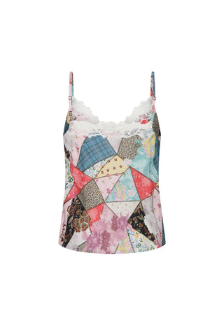 a-womens-spaghetti-strap-camisole-top-featuring-a-colorful-patchwork-print-with-geometric-and-floral-fabric-patterns-a-lace-trimmed-scoop-neckline-and-a-flared-silhouette-shown-against-a-plain-white-background