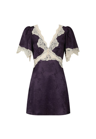 a-dark-purple-mini-dress-with-a-textured-jacquard-fabric-featuring-cream-lace-trim-along-the-v-neckline-waist-and-short-puff-sleeves