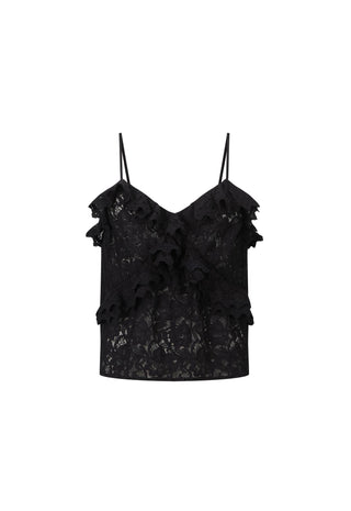 a-black-lace-camisole-top-with-thin-spaghetti-straps-and-layered-ruffle-details-shown-against-a-plain-white-background