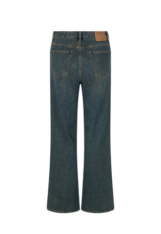 Back view of dark blue denim flare jeans with a brown leather patch on the back waistband, shown against a plain white background.