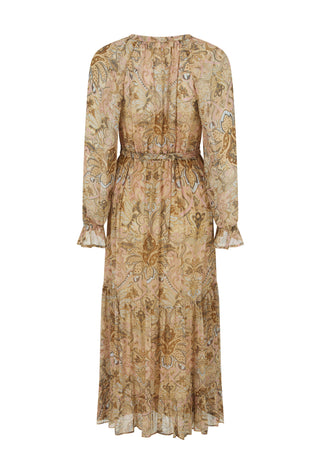 A long-sleeved midi dress with a ruffled waist and a delicate paisley pattern in beige, gold, and brown tones, shown against a plain white background.