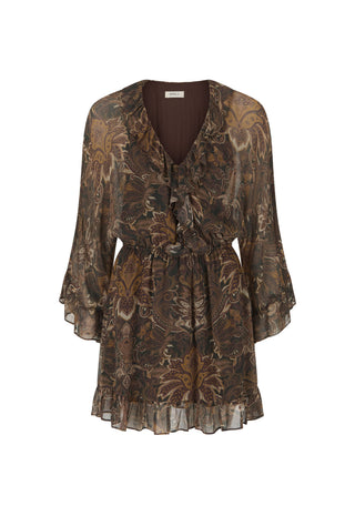 A brown and beige patterned long-sleeve blouse with a V-neckline, ruffled cuffs, and a matching fabric tie belt at the waist, shown against a plain white background.