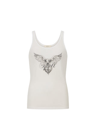 An off-white sleeveless tank top featuring a detailed black winged emblem printed on the center chest, displayed against a solid white background.