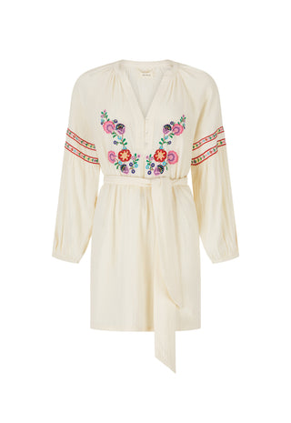 An off-white long-sleeve wrap dress with colorful floral embroidery on the chest and sleeve cuffs, shown against a plain white background.