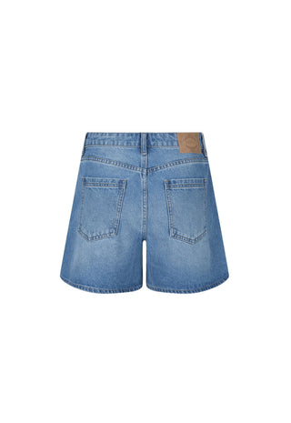 Light blue denim shorts shown from the back, featuring two back pockets and a small brown leather patch near the waistband, set against a plain white background.