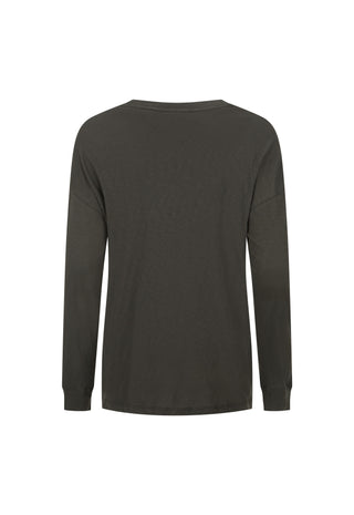 A dark olive green long-sleeve t-shirt shown from the back, photographed against a solid white background.