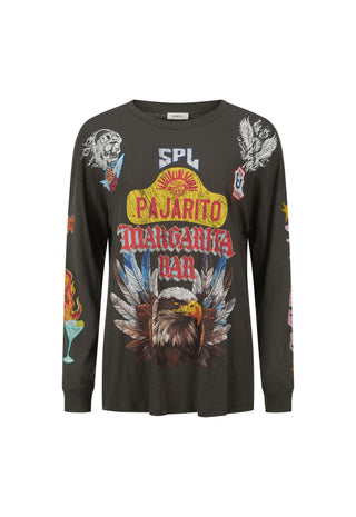 A dark brown long-sleeve t-shirt featuring a large graphic print of an eagle head and the text 'Pajarito Margarita Bar' with 'SPL' above it, shown against a plain white background.