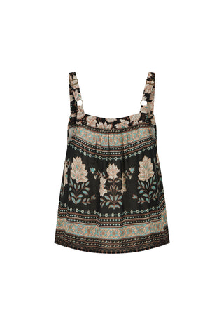A sleeveless camisole top with a bohemian-style floral and geometric print, featuring a black base with beige, brown, and teal patterns, shown against a plain white background.