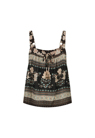 A sleeveless tie-front top with a black base and a beige floral and geometric pattern, shown against a plain white background.