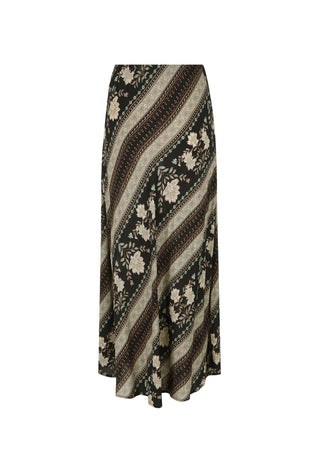 A long maxi skirt with a diagonal striped and floral pattern in black, beige, and brown, shown against a plain white background.