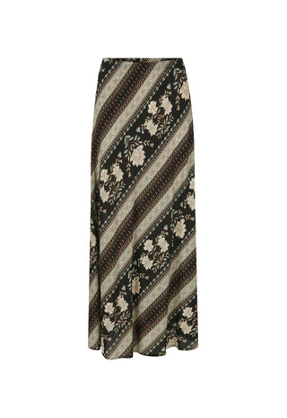 A midi-length skirt with a diagonal striped pattern featuring black, brown, beige, and cream floral motifs, shown against a plain white background.