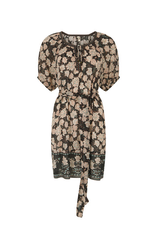 A short-sleeved floral dress with puff sleeves, a tie neckline, and a matching waist tie, featuring a beige and green floral pattern on a black background.