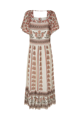 A bohemian-style midi dress with a square neckline, short puff sleeves, and an all-over floral block print in dusty rose and brown on an off-white background.