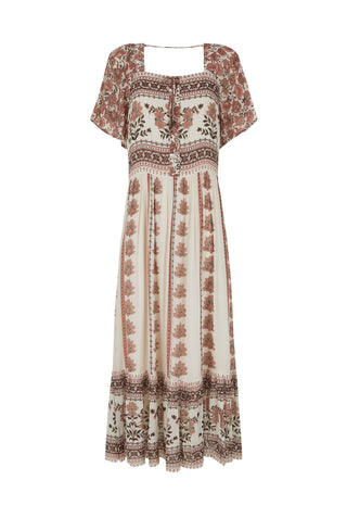 A bohemian-style midi dress with a square neckline, short flutter sleeves, and an all-over vertical floral and geometric print in dusty rose, brown, and cream on a white background.