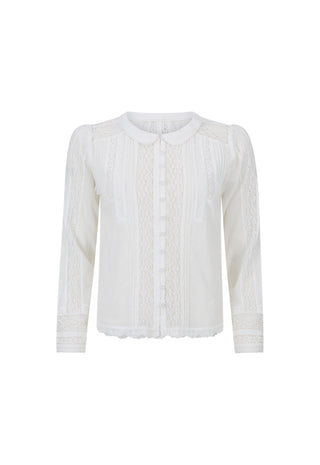 An off-white long-sleeve blouse with intricate lace and embroidery details, featuring a Peter Pan collar and a button-down front, shown against a plain white background.