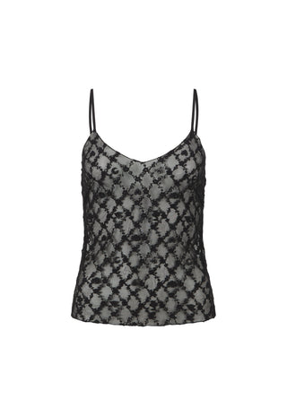 A black and gray snakeskin-patterned lace camisole top with thin spaghetti straps, shown against a plain white background.