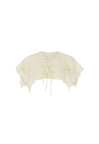 An ivory lace bolero capelet with a lace-up front and ruffled edges, displayed flat against a solid white background.