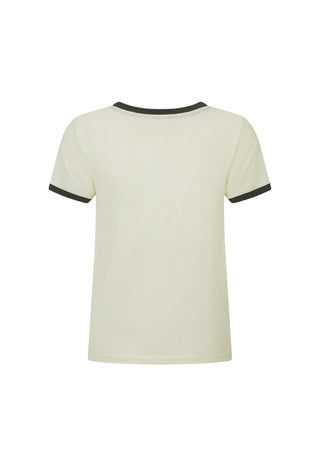 A short-sleeve ringer t-shirt in cream with black trim on the collar and sleeve cuffs, shown against a plain white background.