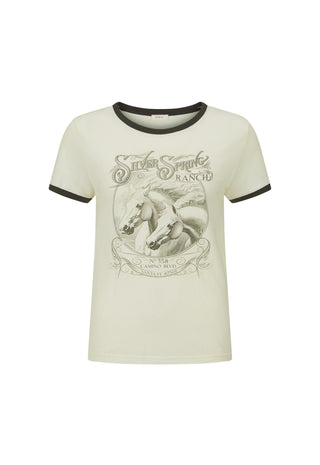 An off-white ringer t-shirt with black trim on the collar and sleeve cuffs, featuring a vintage-style black and white graphic of a horse and the text 'Silver Smoke Ranch'.