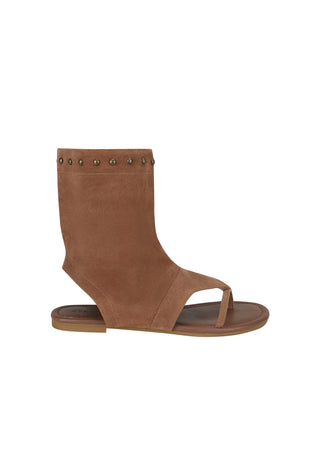 A single brown suede ankle sandal with a toe loop and a row of small metallic studs along the top edge, shown from a side profile on a white background.